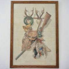 Eva Rosenstand embroidery `Hunting Trophies`, framed, 1950`s ca, English